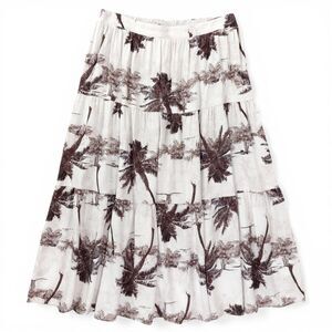 Paper Crane Palm Tree Print Tiered Midi Skirt Sz XL Linen Rayon Tropical Beach